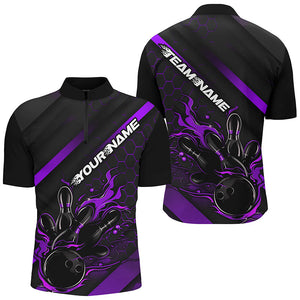 Custom Black And Purple Flame Bowling Shirts For Men, Bowling Team Bowling League Shirts IPHW7288