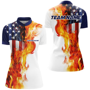 Fire American Flag Custom Patriotic Bowling Shirts For Women, Flame US Bowling Shirt IPHW7588