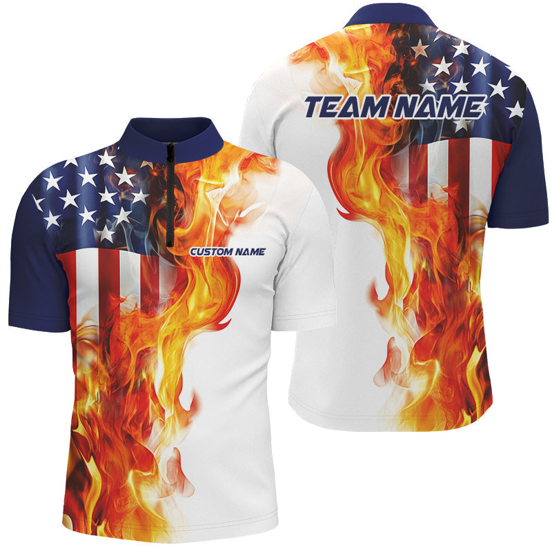 Fire American Flag Custom Patriotic Bowling Shirts For Men, Flame US Bowling Shirt IPHW7588