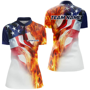 Fire American Flag Custom Patriotic Bowling Shirts For Women, Flame US Bowling Shirt IPHW7589