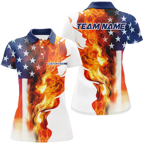 Fire American Flag Custom Patriotic Bowling Shirts For Women, Flame US Bowling Shirt IPHW7590