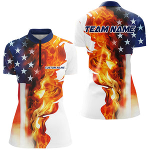 Fire American Flag Custom Patriotic Bowling Shirts For Women, Flame US Bowling Shirt IPHW7590