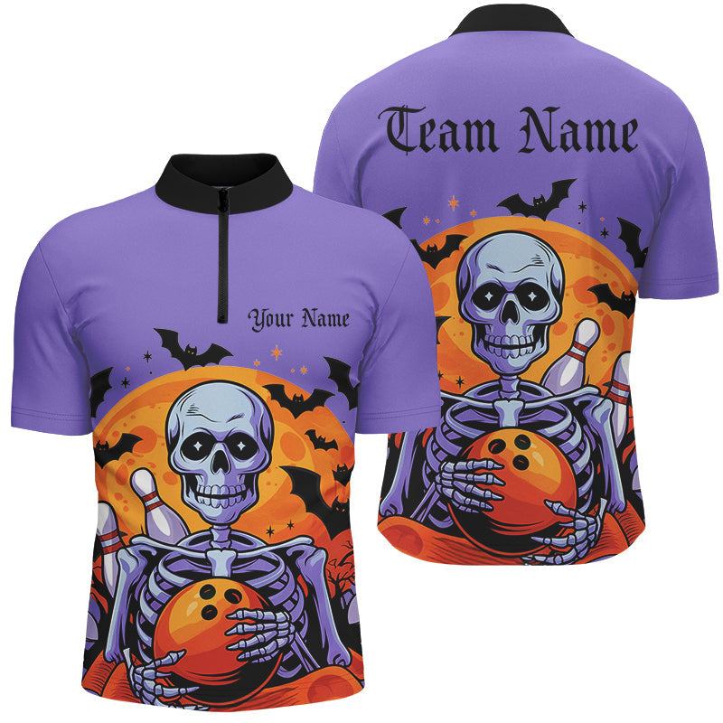 Purple Custom Halloween Bowling Shirts For Men, Skull Bowling Team Shirt Halloween Outfit IPHW7599