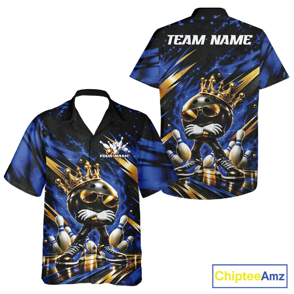 Custom Blue And Gold Funny Awesome Crown Bowling Ball Bowling King Men And Women Button Up Team Shirt IPHW12319