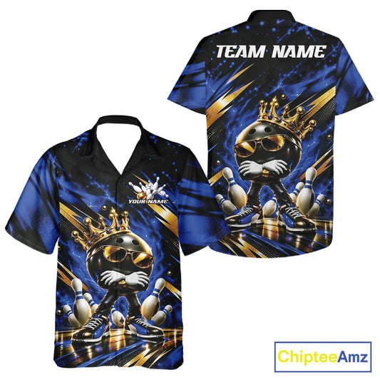 Custom Blue And Gold Funny Awesome Crown Bowling Ball Bowling King Men And Women Button Up Team Shirt IPHW12319