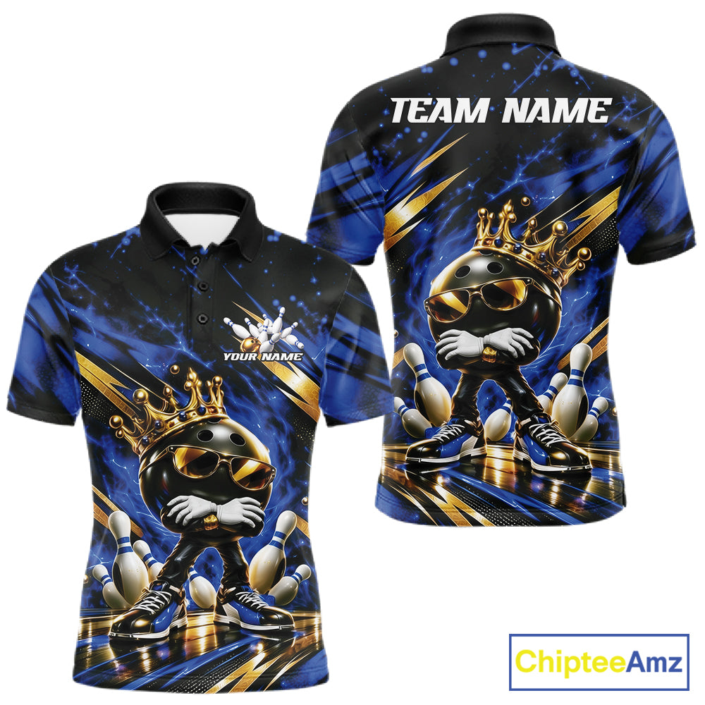Custom Blue And Gold Funny Awesome Crown Bowling Ball Bowling King Men Polo Team Shirt IPHW12319