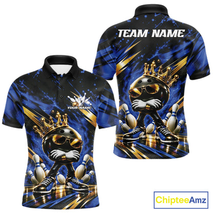 Custom Blue And Gold Funny Awesome Crown Bowling Ball Bowling King Men Polo Team Shirt IPHW12319