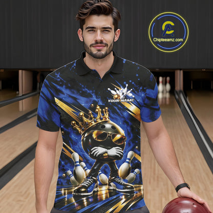 Custom Blue And Gold Funny Awesome Crown Bowling Ball Bowling King Men Polo Team Shirt IPHW12319