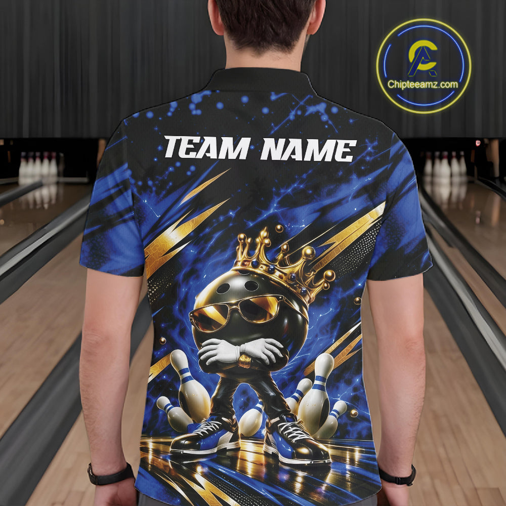 Custom Blue And Gold Funny Awesome Crown Bowling Ball Bowling King Men Polo Team Shirt IPHW12319
