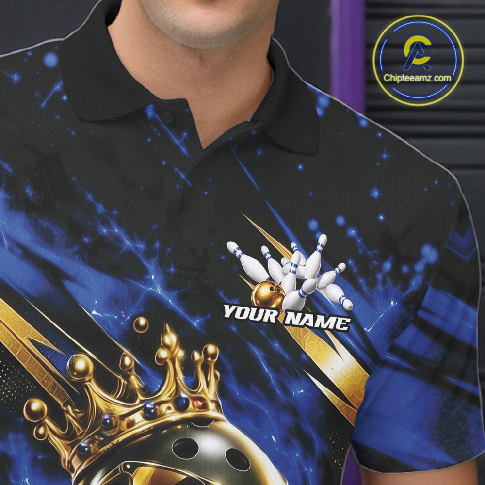Custom Blue And Gold Funny Awesome Crown Bowling Ball Bowling King Men Polo Team Shirt IPHW12319