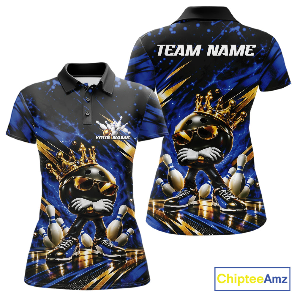 Custom Blue And Gold Funny Awesome Crown Bowling Ball Bowling Queen Women Polo Team Shirt IPHW12319