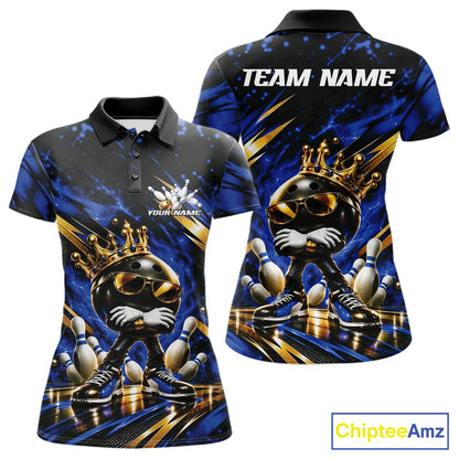 Custom Blue And Gold Funny Awesome Crown Bowling Ball Bowling Queen Women Polo Team Shirt IPHW12319