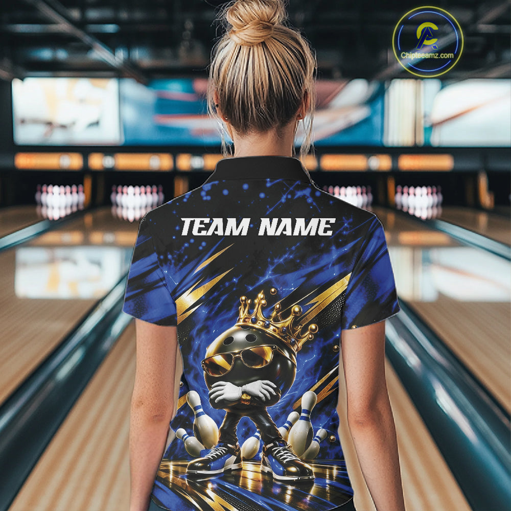 Custom Blue And Gold Funny Awesome Crown Bowling Ball Bowling Queen Women Polo Team Shirt IPHW12319