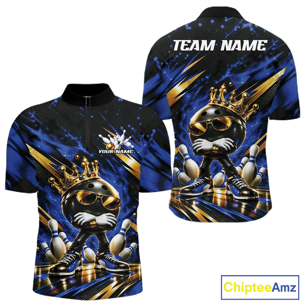 Custom Blue And Gold Funny Awesome Crown Bowling Ball Bowling King Men Quarter Zip Team Shirt IPHW12319