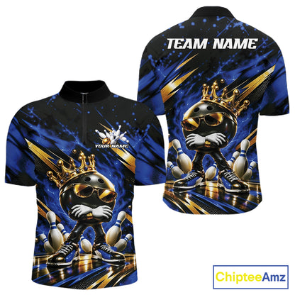 Custom Blue And Gold Funny Awesome Crown Bowling Ball Bowling King Men Quarter Zip Team Shirt IPHW12319