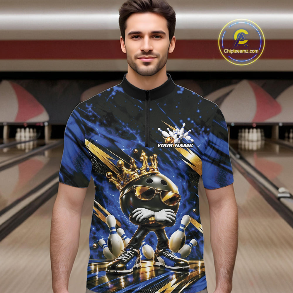 Custom Blue And Gold Funny Awesome Crown Bowling Ball Bowling King Men Quarter Zip Team Shirt IPHW12319