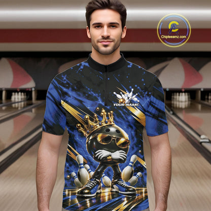 Custom Blue And Gold Funny Awesome Crown Bowling Ball Bowling King Men Quarter Zip Team Shirt IPHW12319