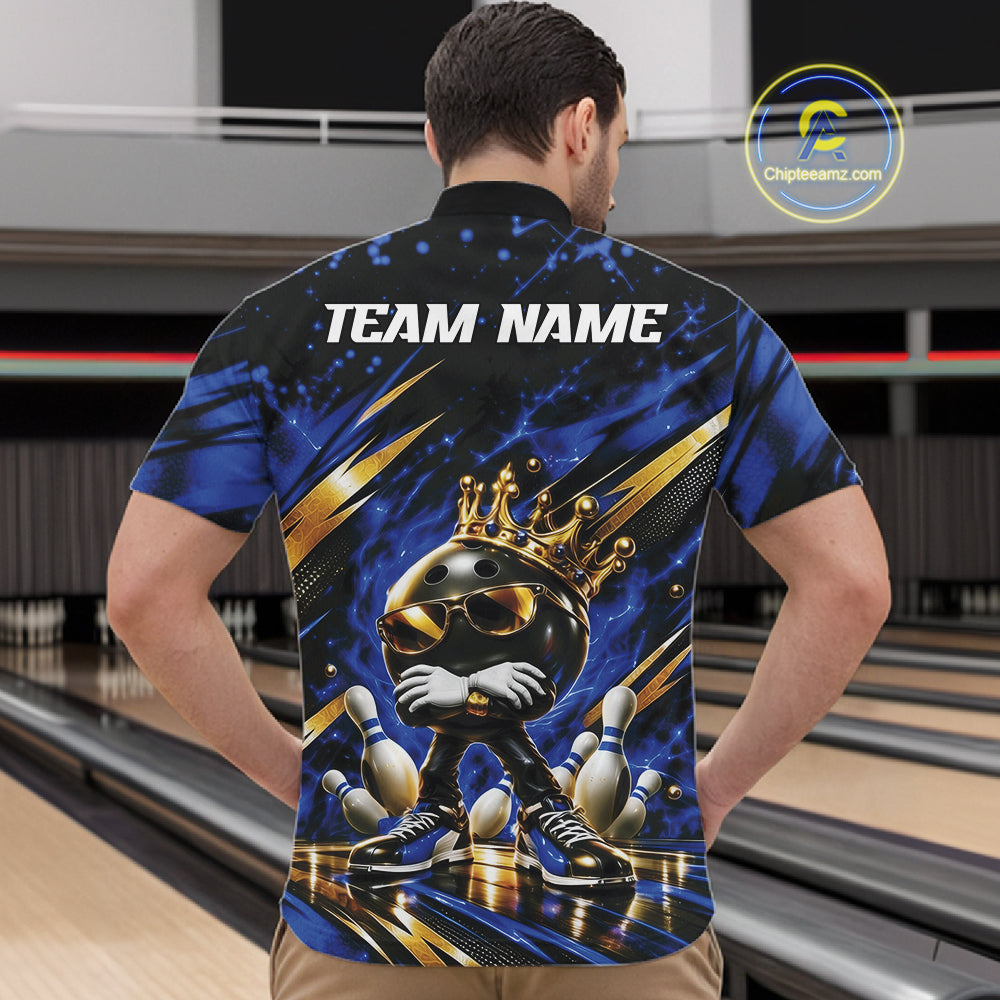 Custom Blue And Gold Funny Awesome Crown Bowling Ball Bowling King Men Quarter Zip Team Shirt IPHW12319