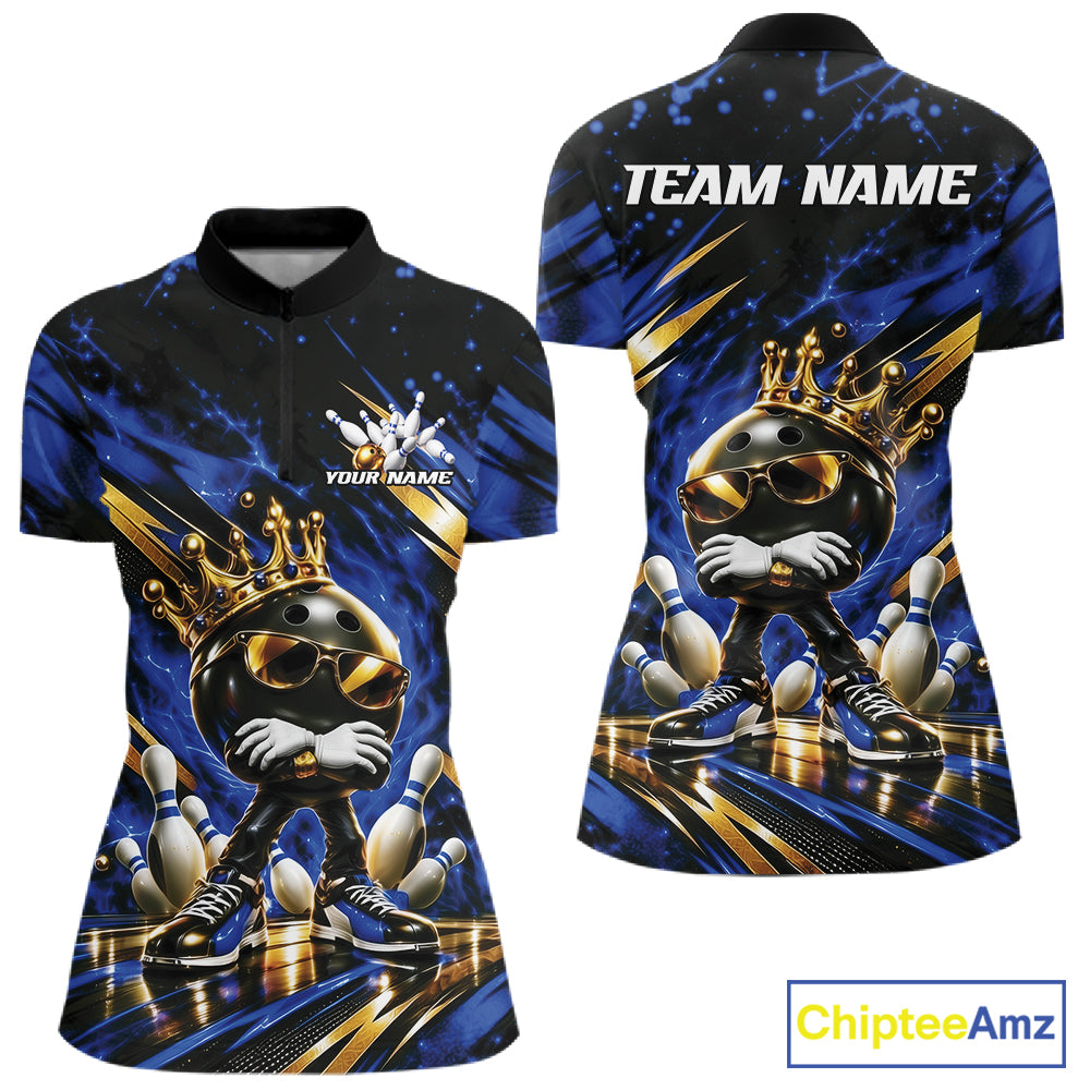 Custom Blue And Gold Funny Awesome Crown Bowling Queen Women Quarter-Zip Team Shirt IPHW12319
