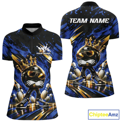 Custom Blue And Gold Funny Awesome Crown Bowling Queen Women Quarter-Zip Team Shirt IPHW12319