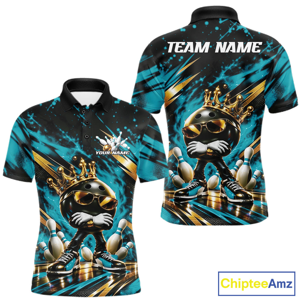 Custom Turquoise Blue Funny Awesome Crown Bowling Ball Bowling King Men Polo Team Shirt IPHW12320