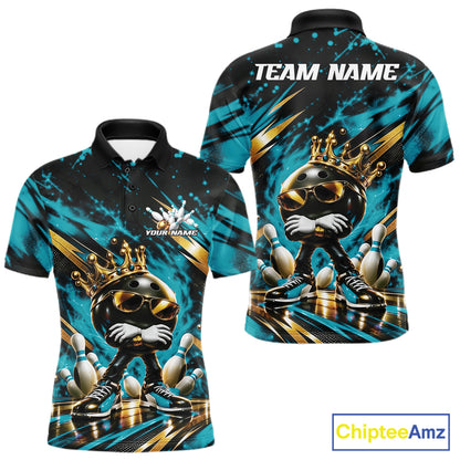 Custom Turquoise Blue Funny Awesome Crown Bowling Ball Bowling King Men Polo Team Shirt IPHW12320