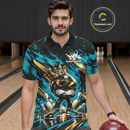 Custom Turquoise Blue Funny Awesome Crown Bowling Ball Bowling King Men Polo Team Shirt IPHW12320