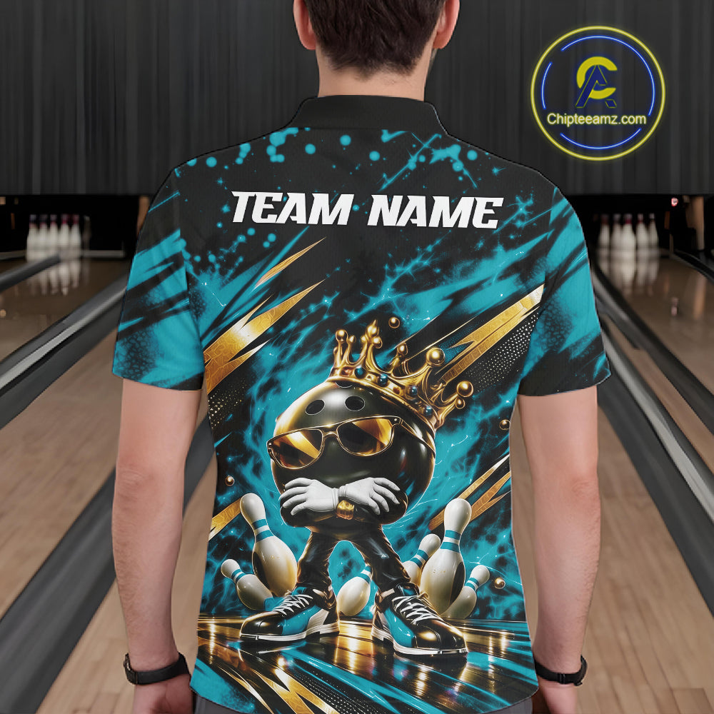 Custom Turquoise Blue Funny Awesome Crown Bowling Ball Bowling King Men Polo Team Shirt IPHW12320