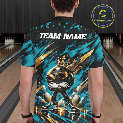 Custom Turquoise Blue Funny Awesome Crown Bowling Ball Bowling King Men Polo Team Shirt IPHW12320