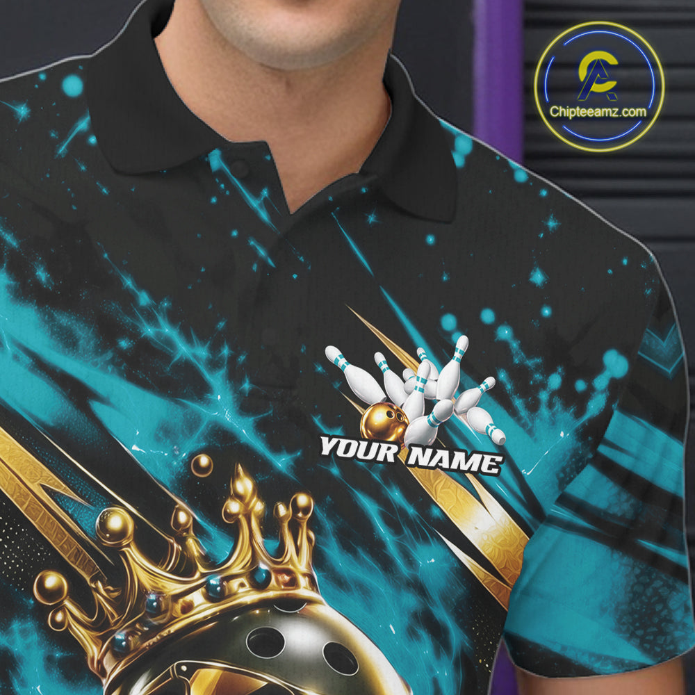 Custom Turquoise Blue Funny Awesome Crown Bowling Ball Bowling King Men Polo Team Shirt IPHW12320