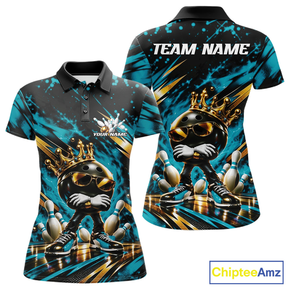 Custom Turquoise Blue Funny Awesome Crown Bowling Ball Bowling Queen Women Polo Team Shirt IPHW12320