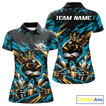 Custom Turquoise Blue Funny Awesome Crown Bowling Ball Bowling Queen Women Polo Team Shirt IPHW12320