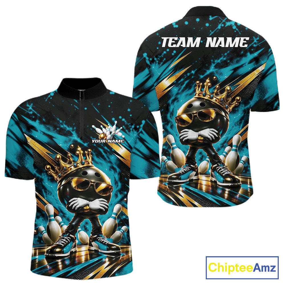 Custom Turquoise Blue Funny Awesome Crown Bowling Ball Bowling King Men Quarter Zip Team Shirt IPHW12320