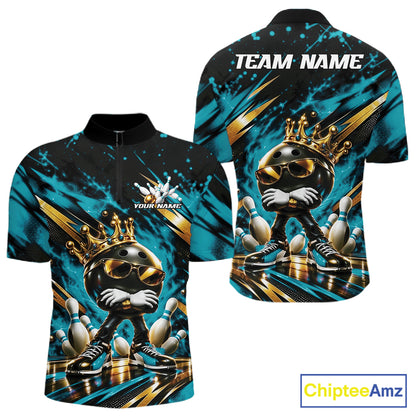 Custom Turquoise Blue Funny Awesome Crown Bowling Ball Bowling King Men Quarter Zip Team Shirt IPHW12320