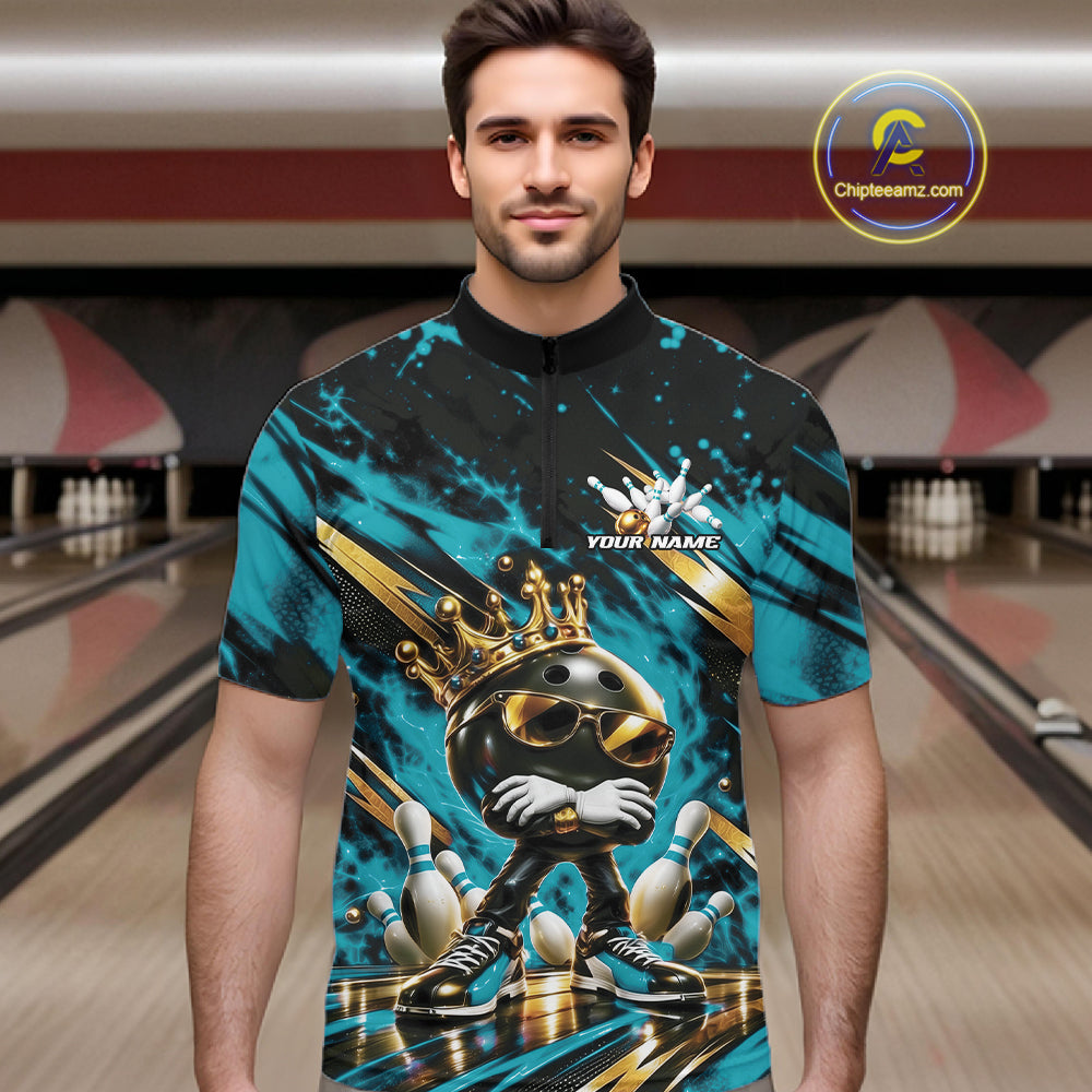 Custom Turquoise Blue Funny Awesome Crown Bowling Ball Bowling King Men Quarter Zip Team Shirt IPHW12320
