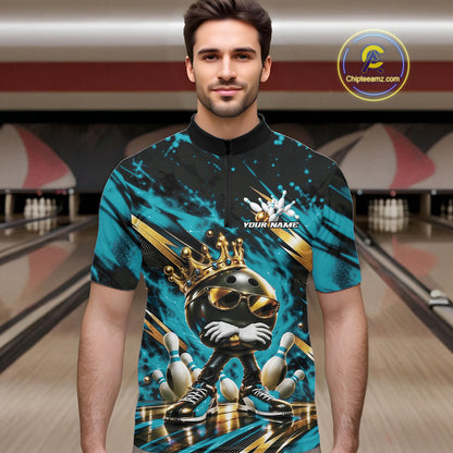 Custom Turquoise Blue Funny Awesome Crown Bowling Ball Bowling King Men Quarter Zip Team Shirt IPHW12320