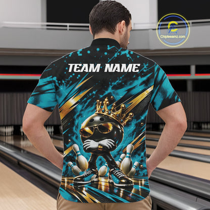 Custom Turquoise Blue Funny Awesome Crown Bowling Ball Bowling King Men Quarter Zip Team Shirt IPHW12320