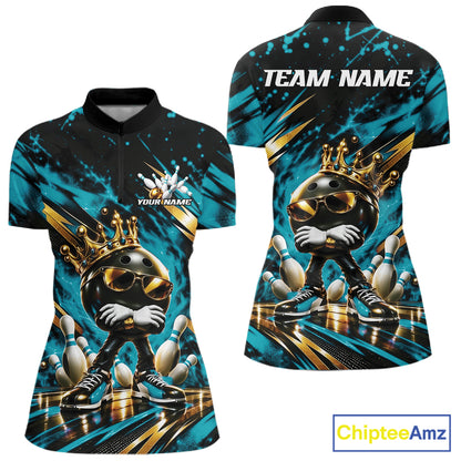 Custom Turquoise Blue Funny Awesome Crown Bowling Queen Women Quarter-Zip Team Shirt IPHW12320