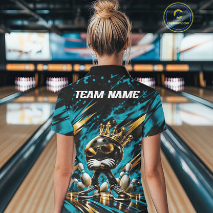 Custom Turquoise Blue Funny Awesome Crown Bowling Queen Women Quarter-Zip Team Shirt IPHW12320