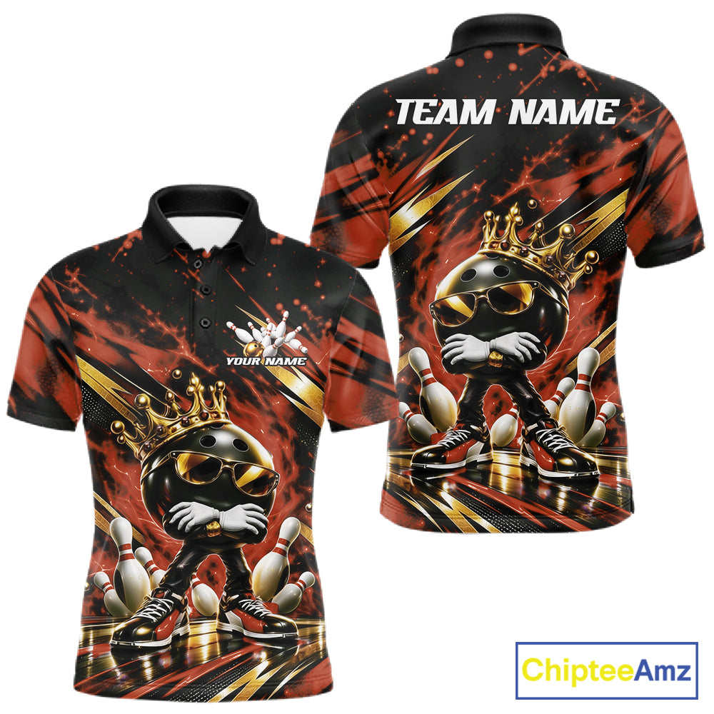 Custom Orange And Gold Funny Awesome Crown Bowling Ball Bowling King Men Polo Team Shirt IPHW12321