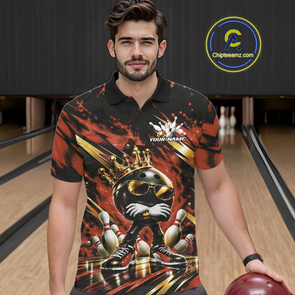 Custom Orange And Gold Funny Awesome Crown Bowling Ball Bowling King Men Polo Team Shirt IPHW12321