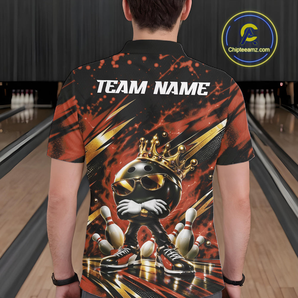 Custom Orange And Gold Funny Awesome Crown Bowling Ball Bowling King Men Polo Team Shirt IPHW12321