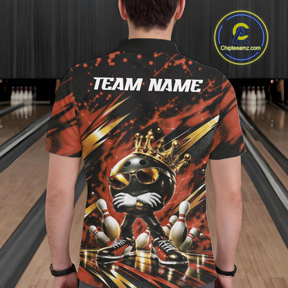 Custom Orange And Gold Funny Awesome Crown Bowling Ball Bowling King Men Polo Team Shirt IPHW12321