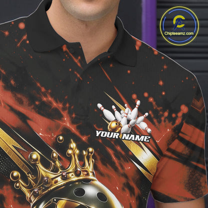 Custom Orange And Gold Funny Awesome Crown Bowling Ball Bowling King Men Polo Team Shirt IPHW12321
