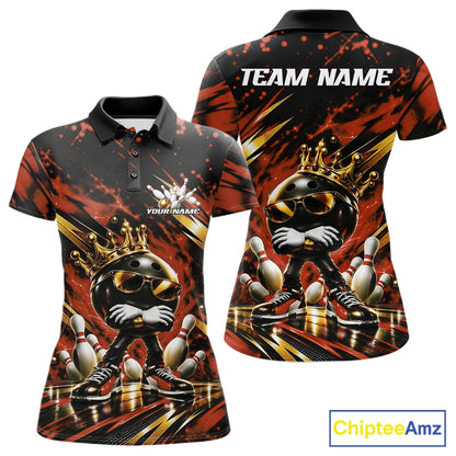Custom Orange And Gold Funny Awesome Crown Bowling Ball Bowling Queen Women Polo Team Shirt IPHW12321