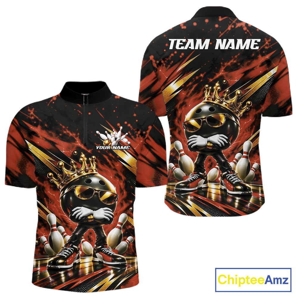Custom Orange And Gold Funny Awesome Crown Bowling Ball Bowling King Men Quarter Zip Team Shirt IPHW12321