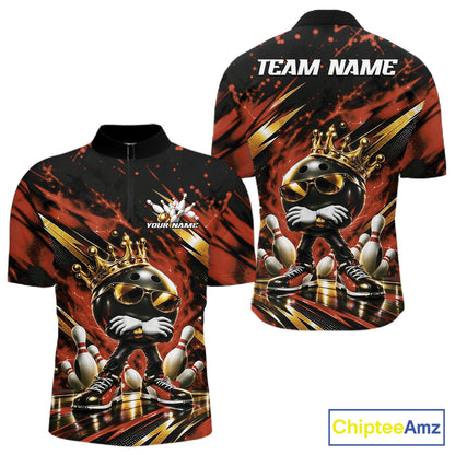 Custom Orange And Gold Funny Awesome Crown Bowling Ball Bowling King Men Quarter Zip Team Shirt IPHW12321