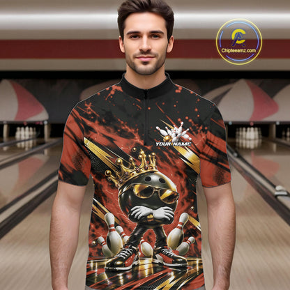 Custom Orange And Gold Funny Awesome Crown Bowling Ball Bowling King Men Quarter Zip Team Shirt IPHW12321