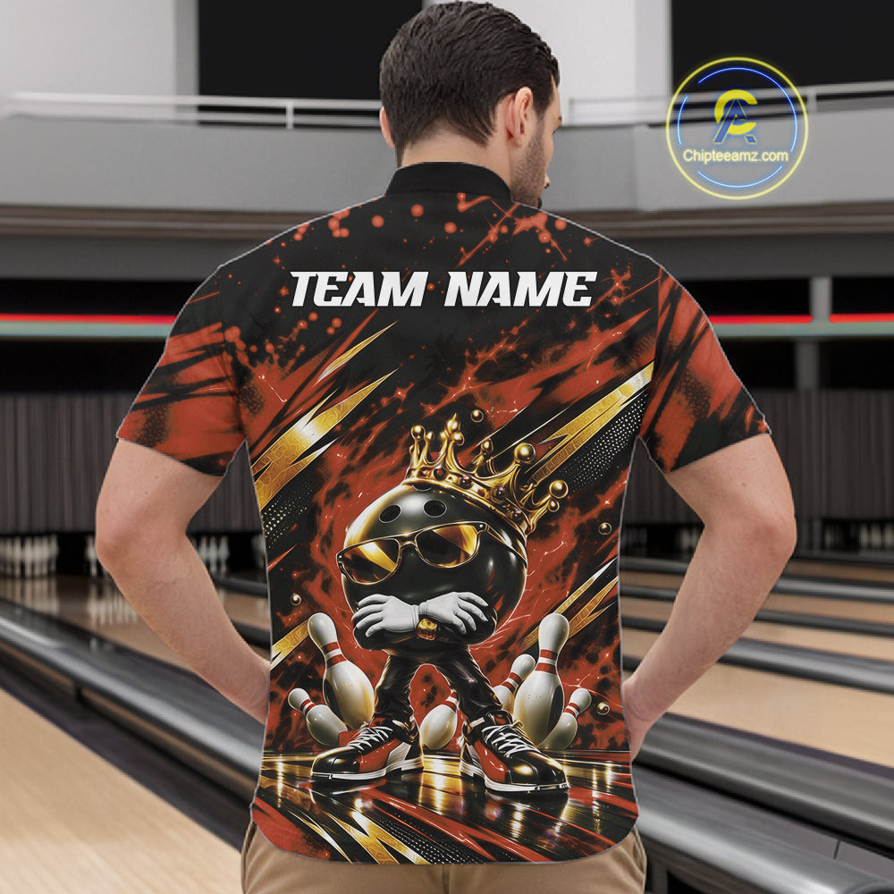Custom Orange And Gold Funny Awesome Crown Bowling Ball Bowling King Men Quarter Zip Team Shirt IPHW12321