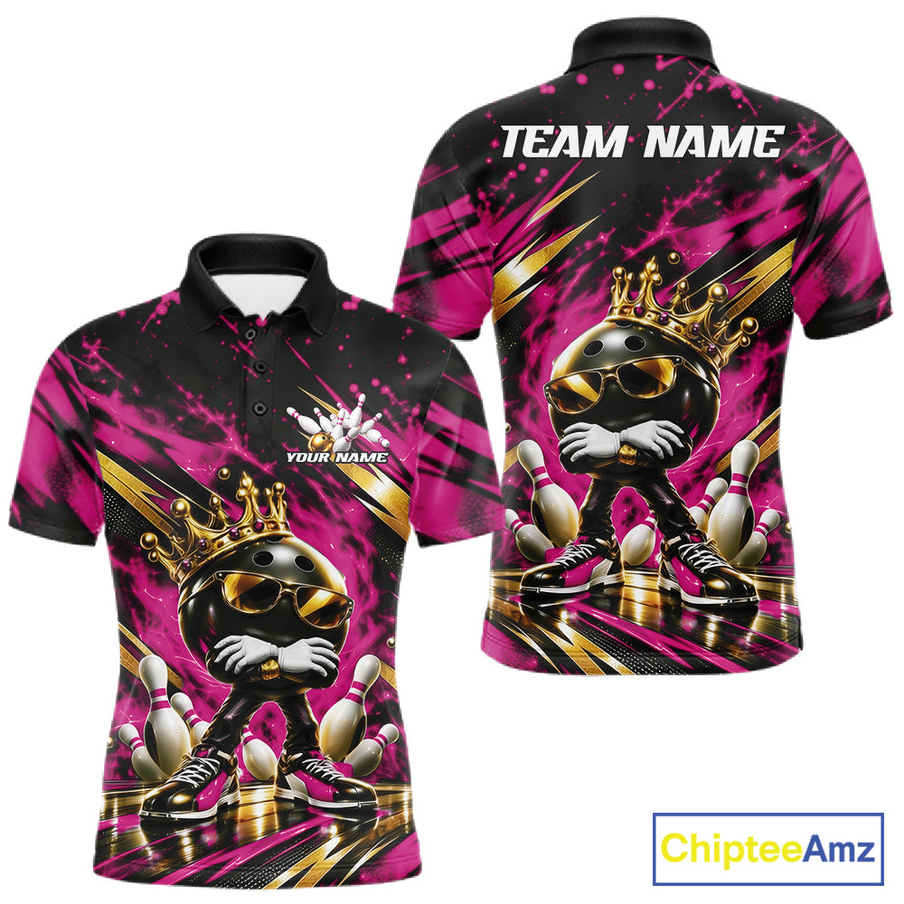 Custom Pink And Gold Funny Awesome Crown Bowling Ball Bowling King Men Polo Team Shirt IPHW12322